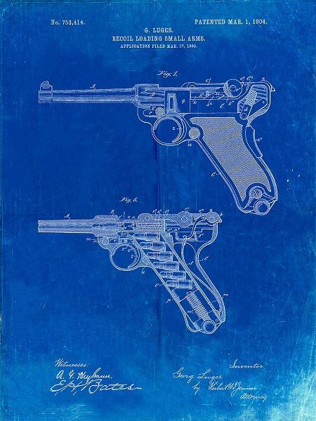 Borders, Cole 아티스트의 PP947-Faded Blueprint Luger Pistol Patent Poster작품입니다.