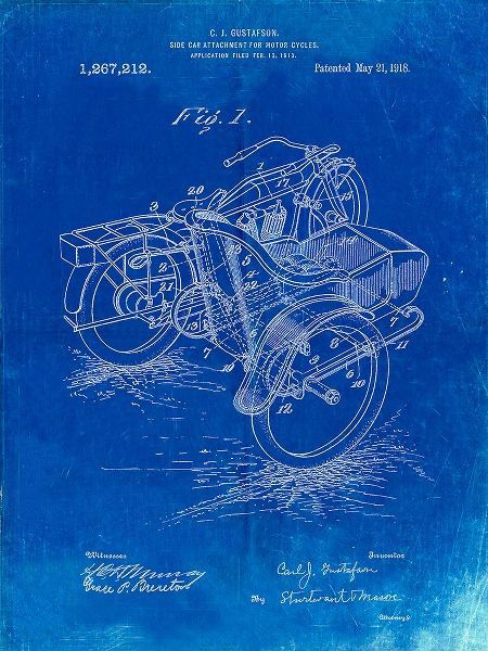 Borders, Cole 아티스트의 PP963-Faded Blueprint Motorcycle Sidecar 1918 Patent Poster작품입니다.