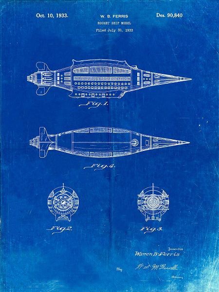 Borders, Cole 아티스트의 PP1017-Faded Blueprint Rocket Ship Model Patent Poster작품입니다.