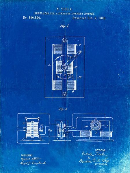 Borders, Cole 아티스트의 PP1095-Faded Blueprint Tesla Regulator for Alternate Current Motor Patent Poster작품입니다.