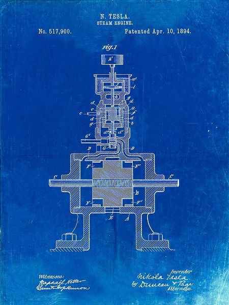 Borders, Cole 아티스트의 PP1096-Faded Blueprint Tesla Steam Engine Patent Poster작품입니다.