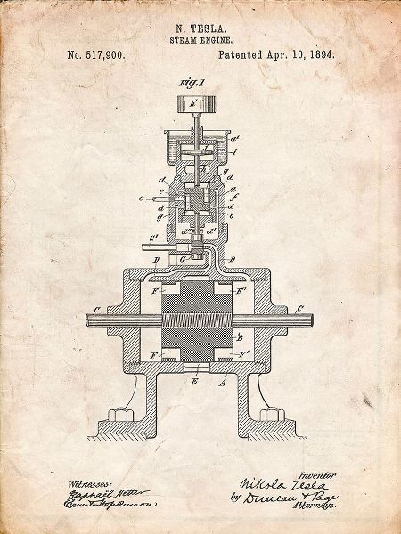 Borders, Cole 아티스트의 PP1096-Vintage Parchment Tesla Steam Engine Patent Poster작품입니다.