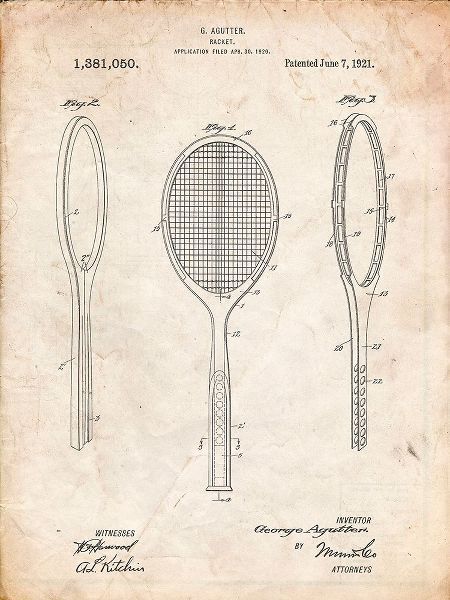 Borders, Cole 아티스트의 PP1128-Vintage Parchment Vintage Tennis Racket Patent Poster작품입니다.