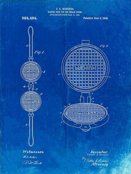 Borders, Cole 아티스트의 PP1130-Faded Blueprint Waffle Iron for Ice Cream Cones 1909 Patent Poster작품입니다.