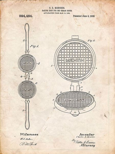 Borders, Cole 아티스트의 PP1130-Vintage Parchment Waffle Iron for Ice Cream Cones 1909 Patent Poster작품입니다.