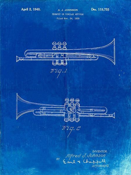 Borders, Cole 아티스트의 PP1140-Faded Blueprint York Trumpet 1939 Patent Poster작품입니다.