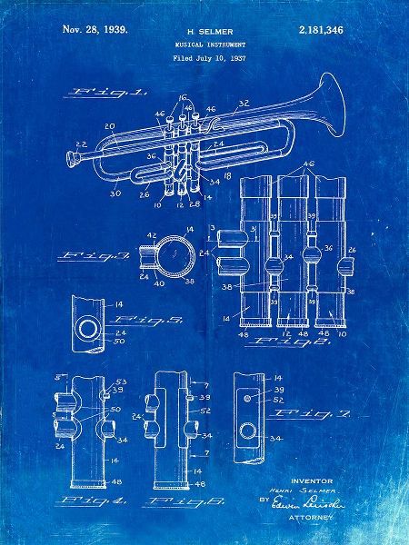 Borders, Cole 아티스트의 PP141- Faded Blueprint Selmer 1939 Trumpet Patent Poster작품입니다.