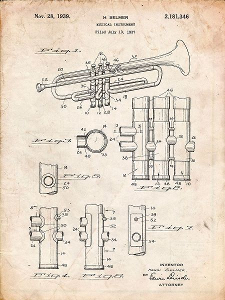 Borders, Cole 아티스트의 PP141- Vintage Parchment Selmer 1939 Trumpet Patent Poster작품입니다.