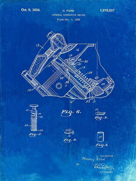 Borders, Cole 아티스트의 PP172- Faded Blueprint Ford V-8 Combustion Engine 1934 Patent Poster작품입니다.