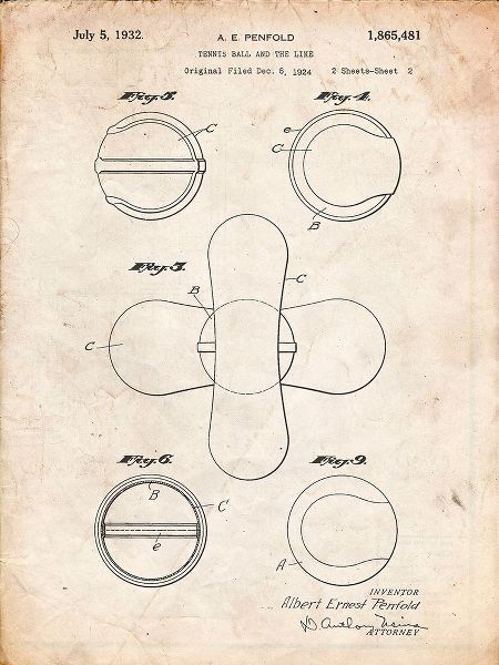 Borders, Cole 아티스트의 PP182- Vintage Parchment Tennis Ball 1932 Patent Poster작품입니다.