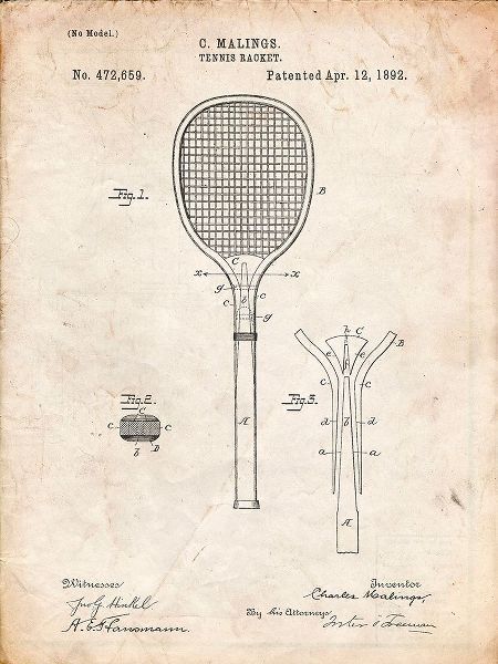 Borders, Cole 아티스트의 PP183- Vintage Parchment Tennis Racket 1892 Patent Poster작품입니다.