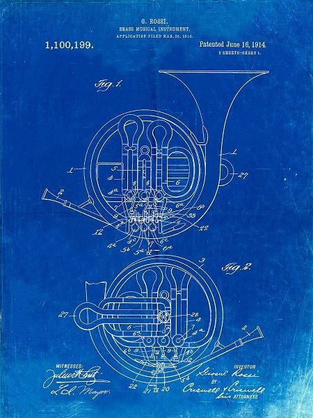 Borders, Cole 아티스트의 PP188- Faded Blueprint French Horn 1914 Patent Poster작품입니다.