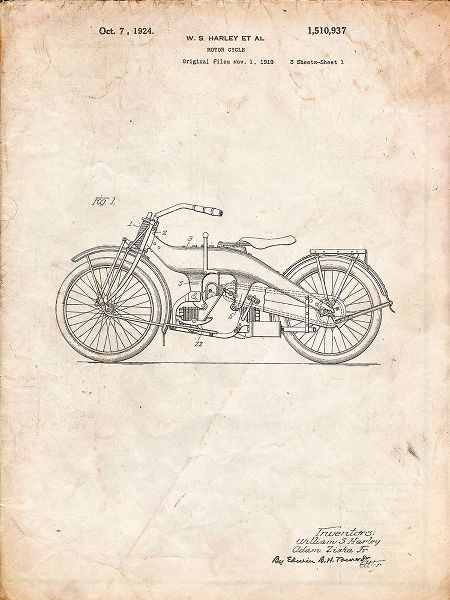 Borders, Cole 아티스트의 PP194- Vintage Parchment Harley Davidson Motorcycle 1919 Patent Poster작품입니다.