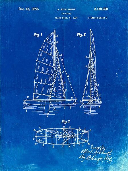 Borders, Cole 아티스트의 PP216-Faded Blueprint Schlumpf Sailboat Patent Poster작품입니다.
