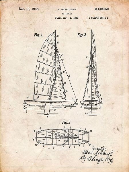 Borders, Cole 아티스트의 PP216-Vintage Parchment Schlumpf Sailboat Patent Poster작품입니다.
