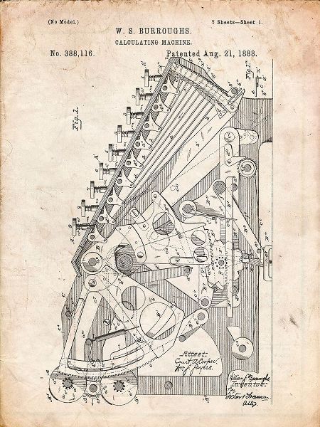 Borders, Cole 아티스트의 PP226-Vintage Parchment Burroughs Adding Machine Patent Poster작품입니다.