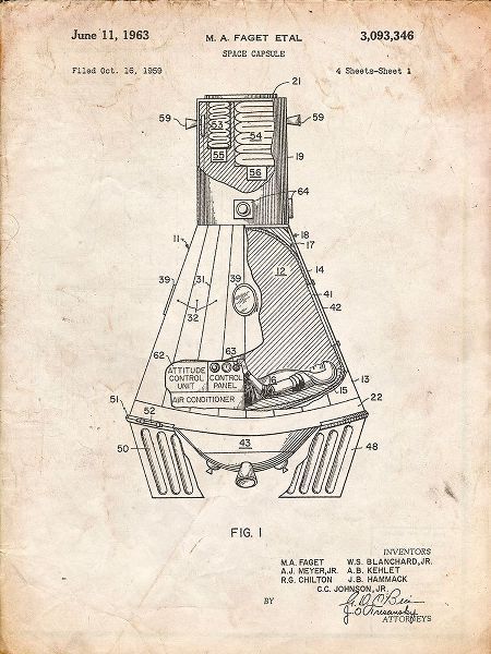Borders, Cole 아티스트의 PP229-Vintage Parchment NASA Space Capsule 1959 Patent Poster작품입니다.