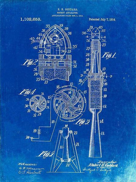 Borders, Cole 아티스트의 PP230-Faded Blueprint Robert Goddard Rocket Patent Poster작품입니다.