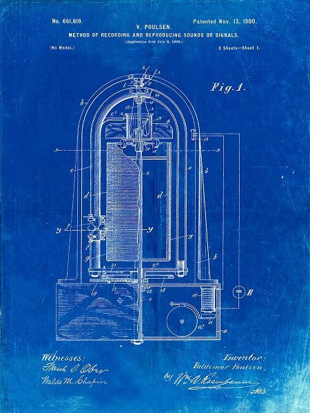 Borders, Cole 아티스트의 PP318-Faded Blueprint Poulsen Magnetic Wire Recorder 1900 Patent Poster작품입니다.