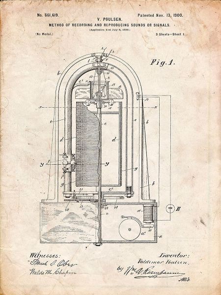 Borders, Cole 아티스트의 PP318-Vintage Parchment Poulsen Magnetic Wire Recorder 1900 Patent Poster작품입니다.