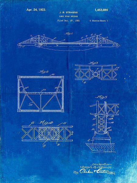 Borders, Cole 아티스트의 PP350-Faded Blueprint Golden Gate Bridge Patent Poster작품입니다.