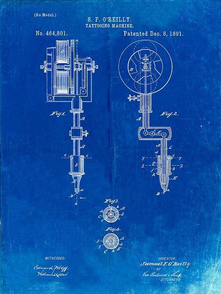 Borders, Cole 아티스트의 PP814-Faded Blueprint First Tattoo Machine Patent Poster작품입니다.