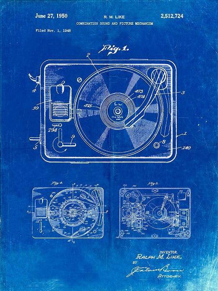 Borders, Cole 아티스트의 PP1009-Faded Blueprint Record Player Patent Poster작품입니다.