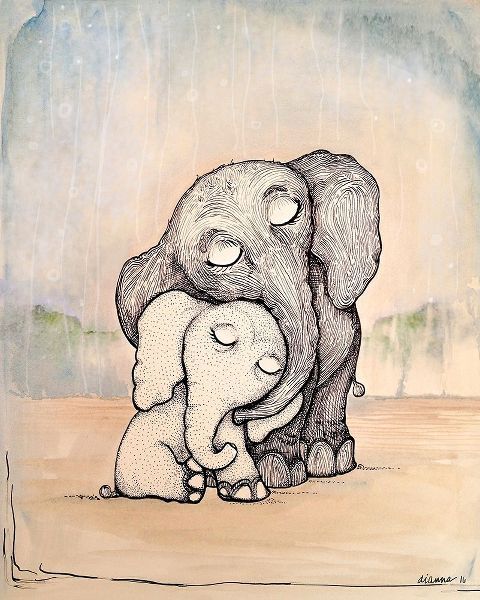 Whimsical Mom and Baby Elephant