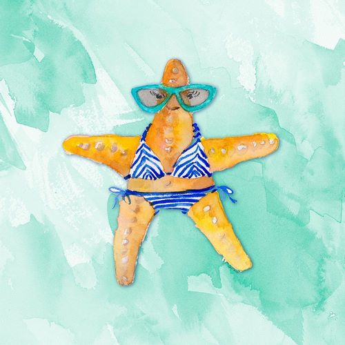 Blue Bikini Starfish on Watercolor