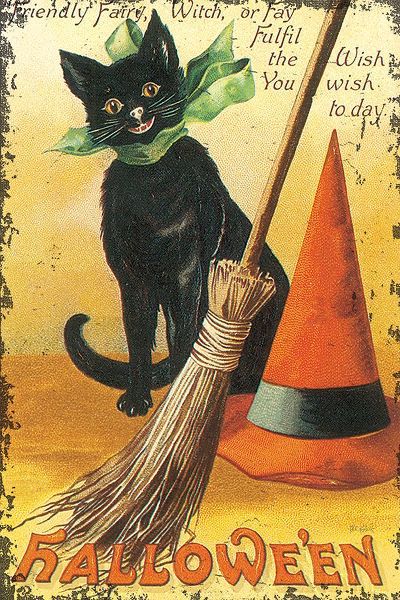 Halloween Nostalgia Cat with Broom
