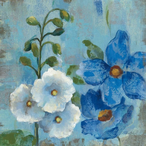 Hollyhocks and Blue Flowers I