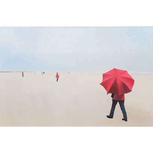 Am Strand, mit rotem Schirm