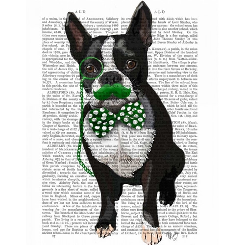 Boston Terrier With Green Moustache And Spotty Green Bow Tie