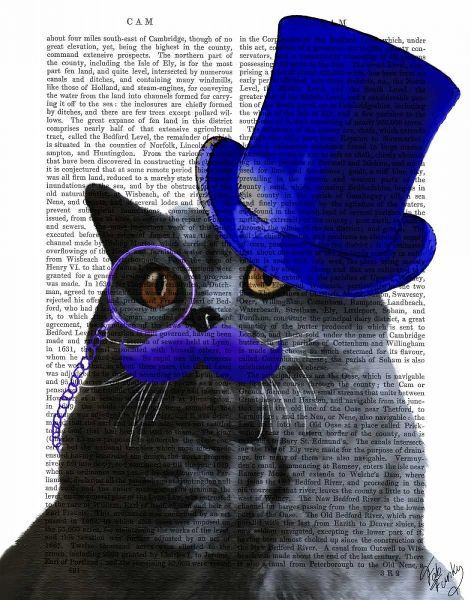 Grey Cat With Blue Top Hat and Blue Moustache