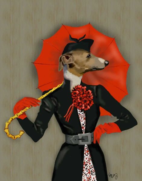 Elegant Greyhound and Red Umbrella