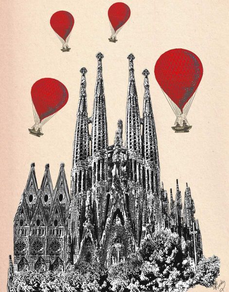 Sagrada Familia and Red Hot Air Balloons