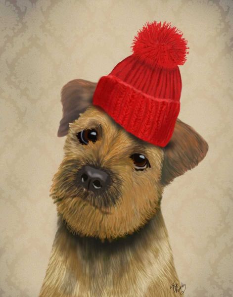 Border Terrier with Red Bobble Hat