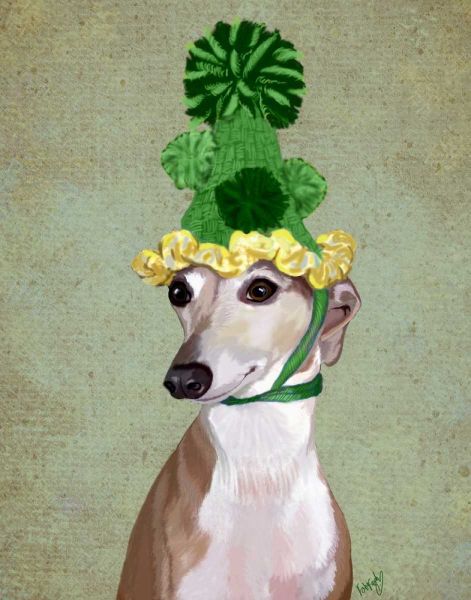 Greyhound in Green Knitted Hat
