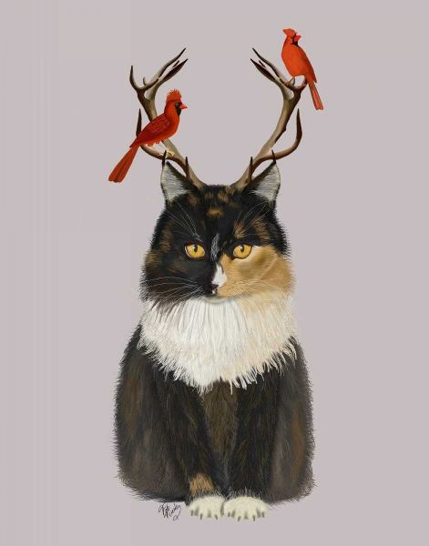 Tortoiseshell Cat, Antlers and Red Birds