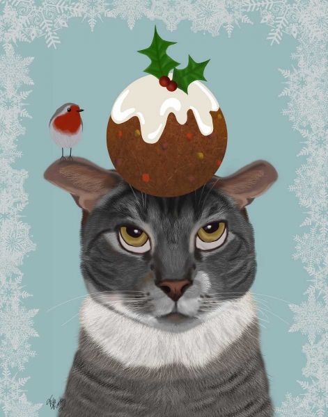 Grey Cat and Christmas Pudding