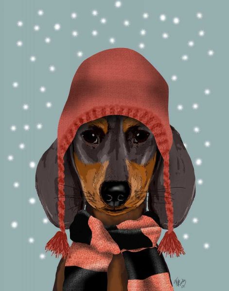 Dachshund With Woolly Hat and Scarf