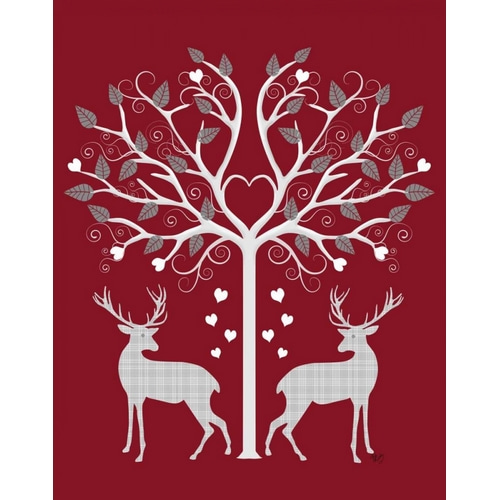 Christmas Des - Deer and Heart Tree, Grey on Red