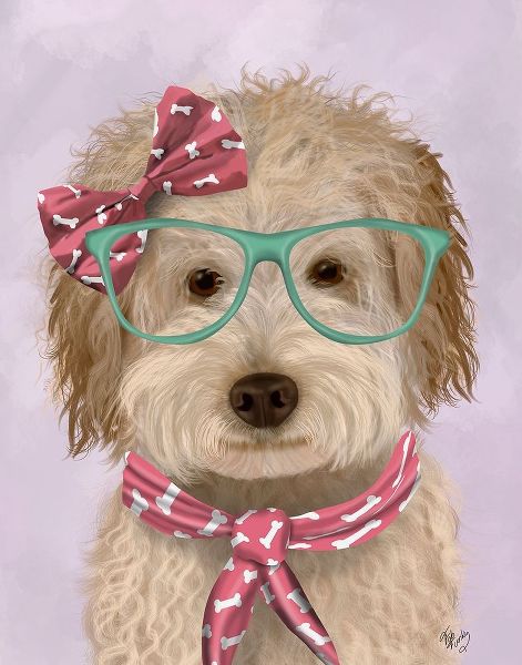 Labradoodle, Cream, with Glasses and Scarf