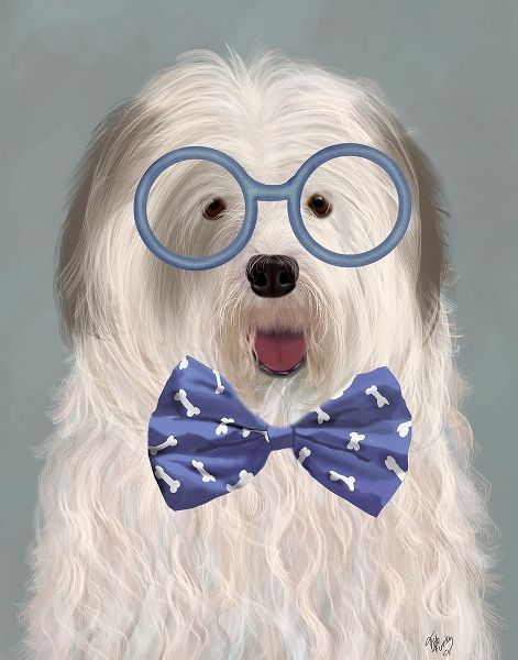 Old English Sheepdog with Glasses and Bow Tie