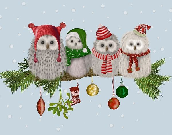 Christmas Fluffy Christmas Owls on Branch