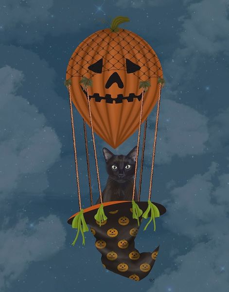 Halloween Black Cat in Pumpkin Hot Air Balloon