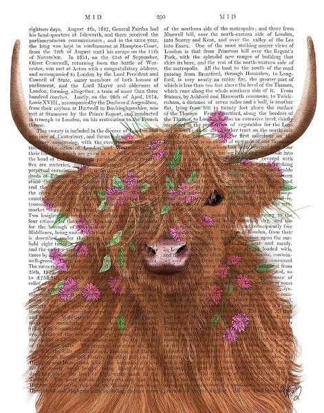 Highland Cow 1, Pink Flowers Book Print