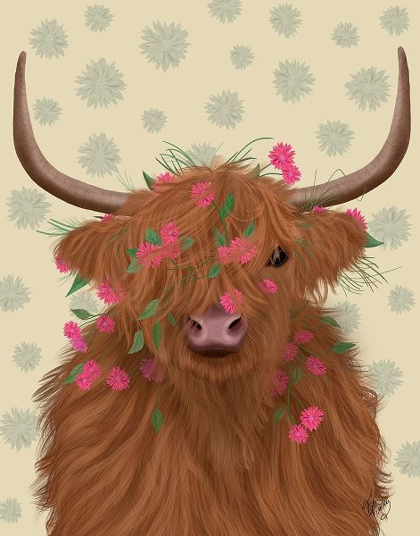 Highland Cow 1, Pink Flowers