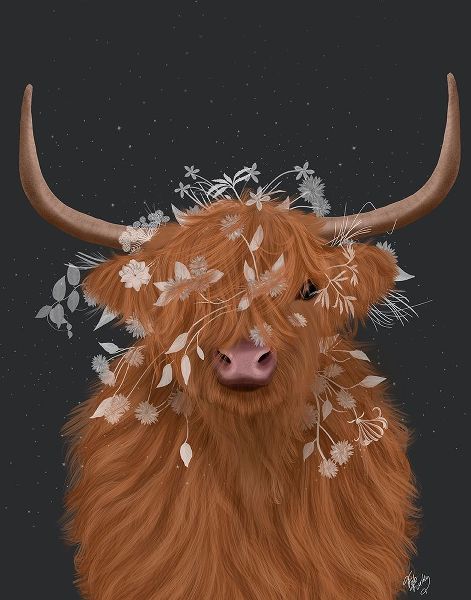 Highland Cow 1, White Flowers