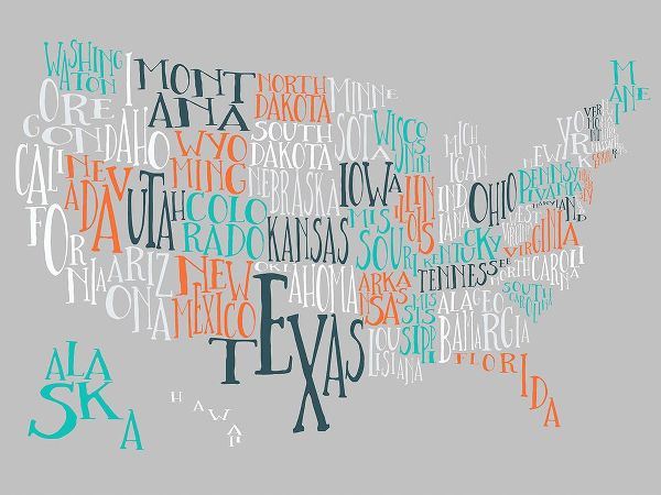 Inner Circle 아티스트의 Orange Taffy US Typography Map작품입니다.